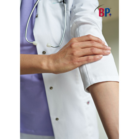 Arztkittel für Damen von BP® mit langen Ärmeln und Stretcheinsätzen zum Hochstreifen der Ärmel, Armliftsystem für mehr Bewegungsfreiheit und Stehkragen mit silbernem Innenkragen